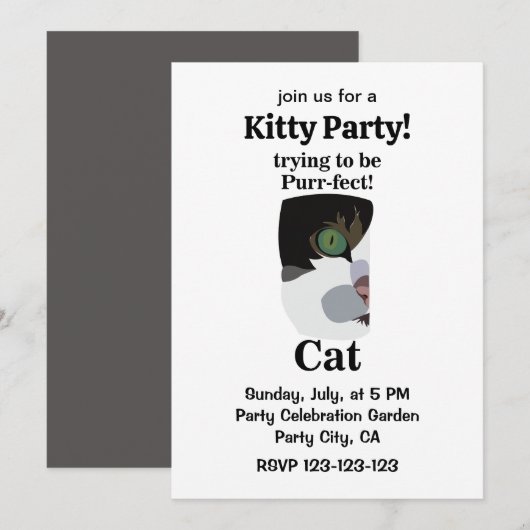 Invitation Fête drôle de Kitty Parfaite pour chat (Devant / Derrière)