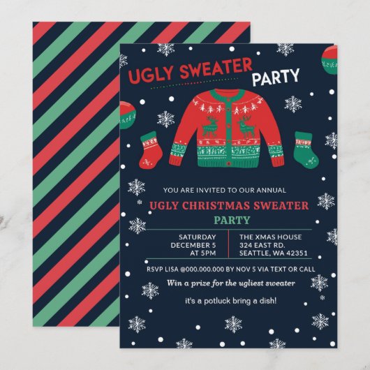Invitation Fête drôle de pull de Noël moche rouge vert (Devant / Derrière)