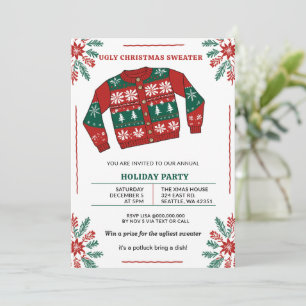 Invitation Fête drôle de pull de Noël moche rouge vert