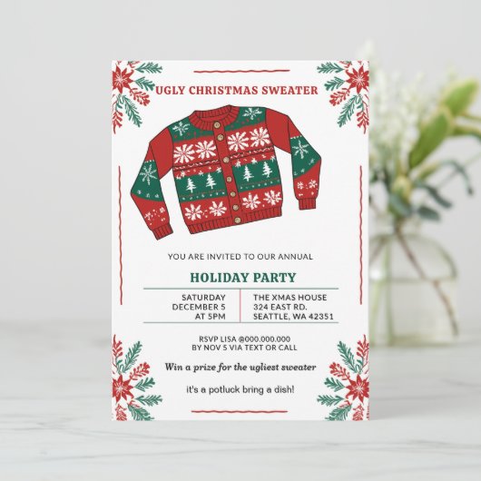 Invitation Fête drôle de pull de Noël moche rouge vert (Debout devant)