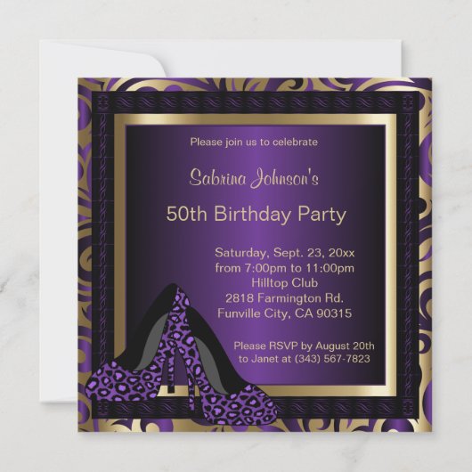 Invitation Fête du 00e anniversaire| Leopard mauve à talons h (Dos)
