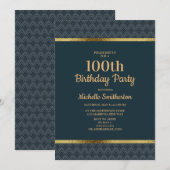 Invitation Fête du 100e Anniversaire Bleu Nuit Or (Devant / Derrière)