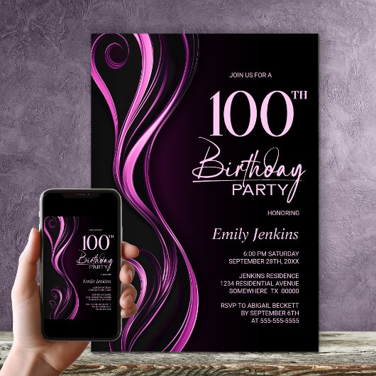 Invitation Fête du 100e anniversaire du Black Pink moderne
