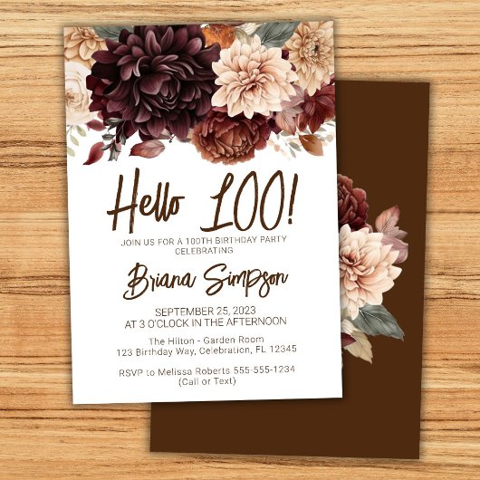 Invitation Fête du 100e anniversaire Fleurs beiges Brown Flor