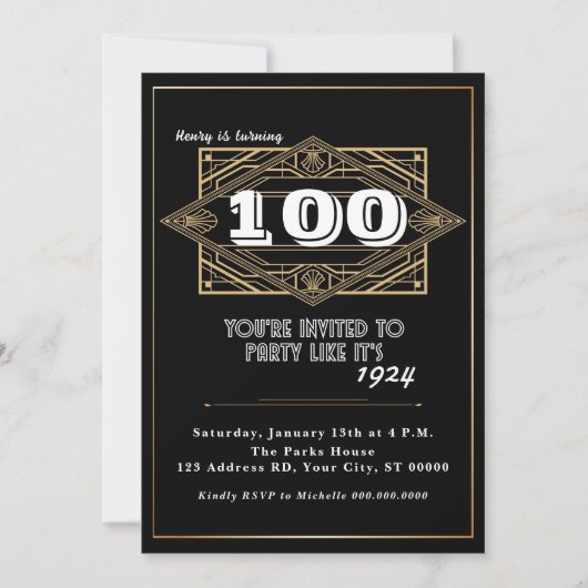 Invitation Fête du 100e anniversaire, Grand Gatsby, Art Déco (Devant)