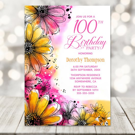 Invitation Fête du 100e anniversaire rose et orange