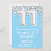 Invitation Fête du 11e anniversaire en argent bleu clair (Devant)
