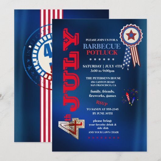 Invitation Fête du 14 juillet barbecue potluck (Devant / Derrière)