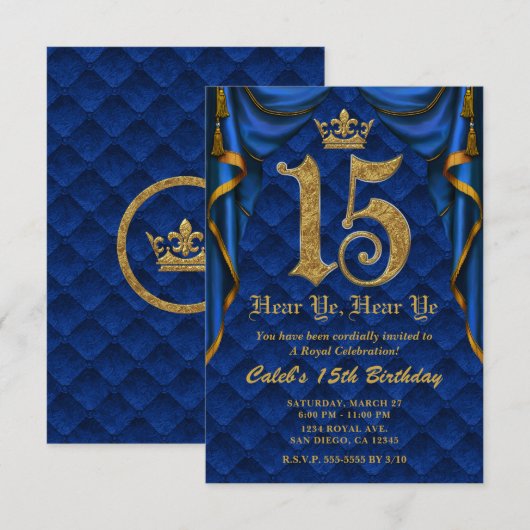 Invitation Fête du 15e anniversaire 15 ans Couronne royale bl (Devant / Derrière)