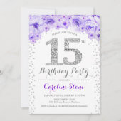 Invitation Fête du 15e anniversaire - Blanc Argent violet (Devant)