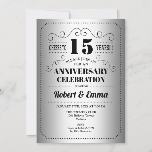 Invitation Fête du 15e anniversaire de mariage - Argent Noir (Devant)