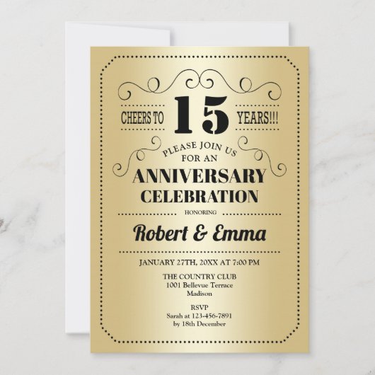 Invitation Fête du 15e anniversaire de mariage - Or Noir (Devant)