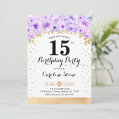 Invitation Fête du 15e anniversaire - Gold Purple Flowers (Debout devant)