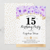 Invitation Fête du 15e anniversaire - Gold Purple Flowers (Devant / Derrière)