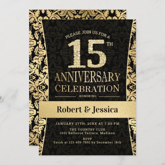 Invitation Fête du 15e Anniversaire - Noir Or (Devant / Derrière)