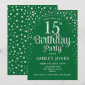 Invitation Fête du 15e anniversaire - Vert & Argent (Devant / Derrière)