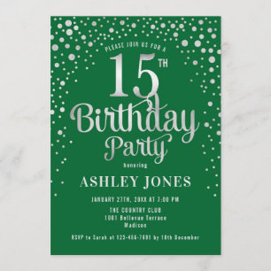 Invitation Fête du 15e anniversaire - Vert & Argent