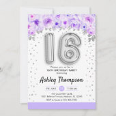 Invitation Fête du 16e anniversaire - Ballons d'argent violet (Devant)
