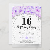 Invitation Fête du 16e anniversaire - Fleurs violettes argent (Devant)