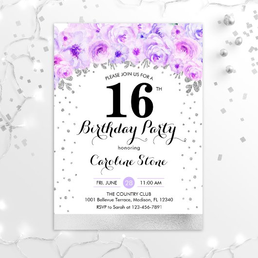 Invitation Fête du 16e anniversaire - Fleurs violettes argent