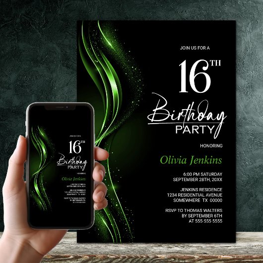 Invitation Fête du 16e anniversaire, noir et vert élégant