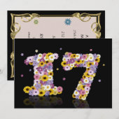 Invitation Fête du 17ème anniversaire, avec des lettres fleur (Devant / Derrière)