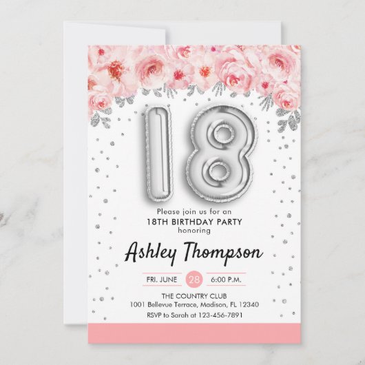 Invitation Fête du 18e anniversaire - Ballons d'argent (Devant)