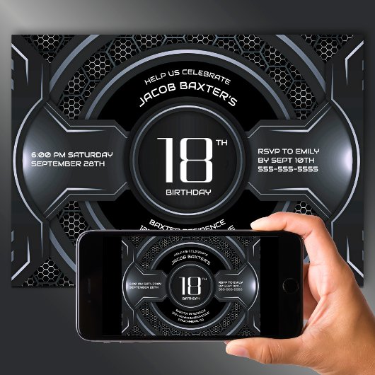 Invitation Fête du 18e anniversaire de l'argent noir moderne