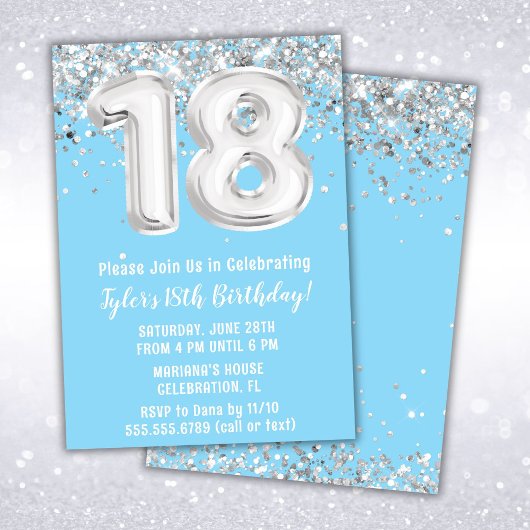 Invitation Fête du 18e anniversaire en argent bleu clair