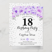 Invitation Fête du 18e anniversaire - Fleurs violettes argent (Devant / Derrière)