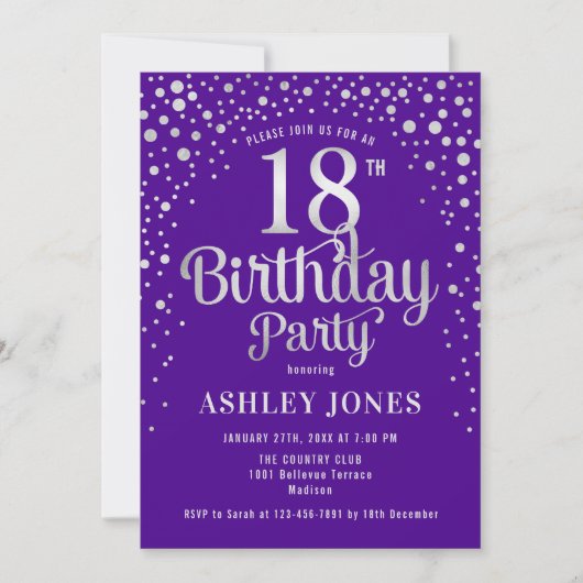 Invitation Fête du 18e anniversaire - Purple & Silver (Devant)