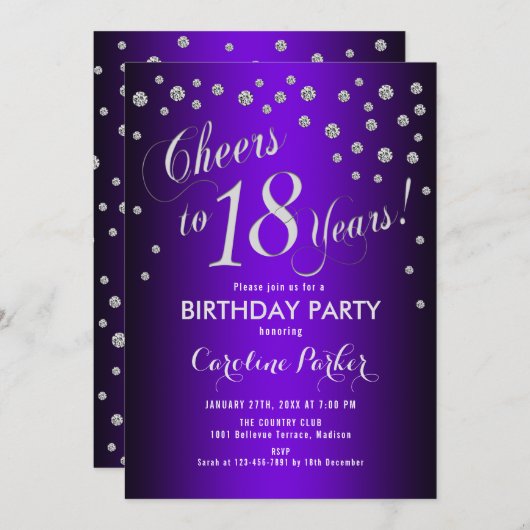 Invitation Fête du 18e anniversaire - Silver Purple (Devant / Derrière)