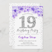 Invitation Fête du 19e anniversaire - Blanc Argent violet (Devant / Derrière)
