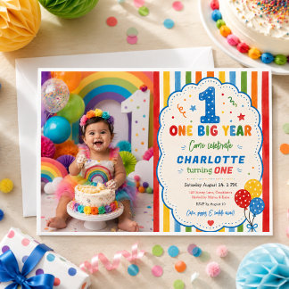 Invitation Fête du 1er anniversaire Bold Rainbow One Big Year