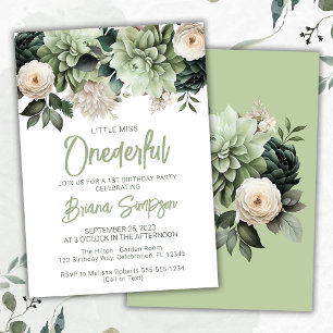 Invitation Fête du 1er anniversaire vert sauge floral