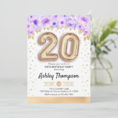 Invitation Fête du 20e anniversaire - Ballons d'or violet (Debout devant)