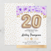 Invitation Fête du 20e anniversaire - Ballons d'or violet (Devant / Derrière)