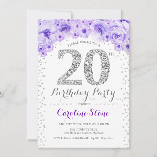 Invitation Fête du 20e anniversaire - Blanc Argent violet (Devant)