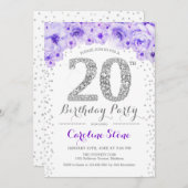Invitation Fête du 20e anniversaire - Blanc Argent violet (Devant / Derrière)