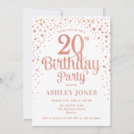 Invitation Fête du 20e anniversaire - Blanc & Rose Gold (Devant)