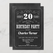 Invitation Fête du 20e anniversaire - Chalkboard noir blanc (Devant / Derrière)