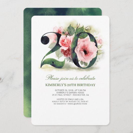 Invitation Fête du 20e anniversaire de Blush Pink (Devant / Derrière)
