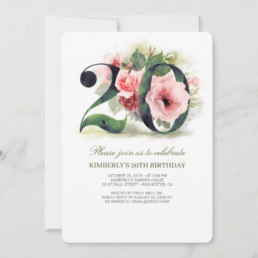 Invitation Fête du 20e anniversaire de Blush Pink (Devant)