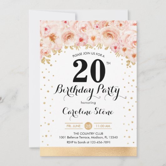 Invitation Fête du 20e anniversaire - Fleurs d'or (Devant)