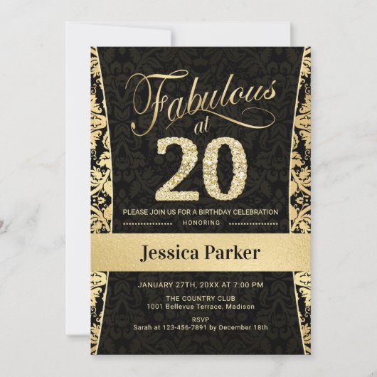 Invitation Fête du 20e anniversaire - Gold Black (Devant)
