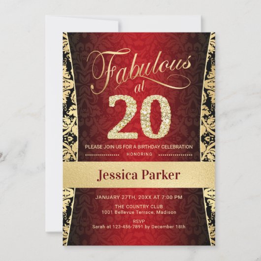 Invitation Fête du 20e anniversaire - Gold Red Black (Devant)