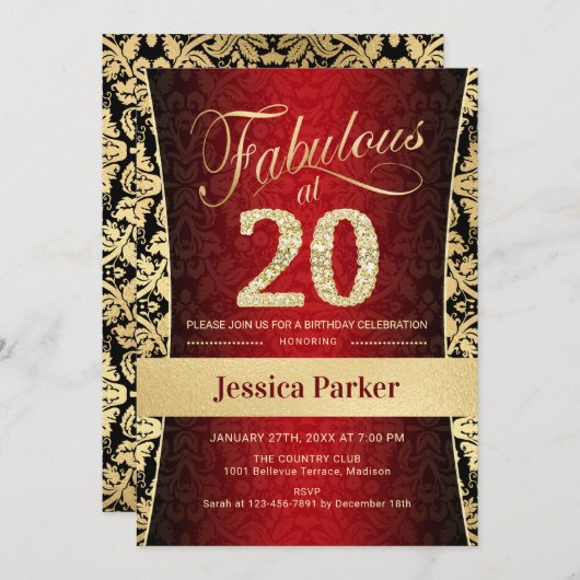 Invitation Fête du 20e anniversaire - Gold Red Black (Devant / Derrière)