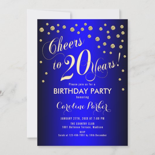 Invitation Fête du 20e anniversaire - Gold Royal Blue (Devant)