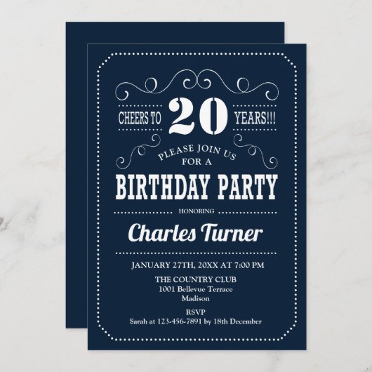 Invitation Fête du 20e anniversaire - Marine White (Devant / Derrière)