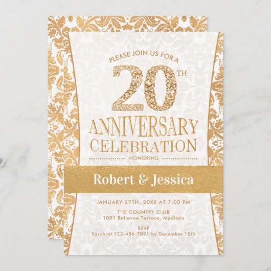 Invitation Fête du 20e anniversaire - Or Blanc (Devant / Derrière)